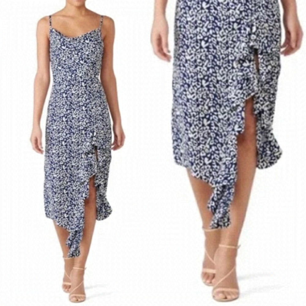 J.o.a. Sz LG Blue Animal Print Sleeveless Dress with Asymetrical Hem and Ruffle